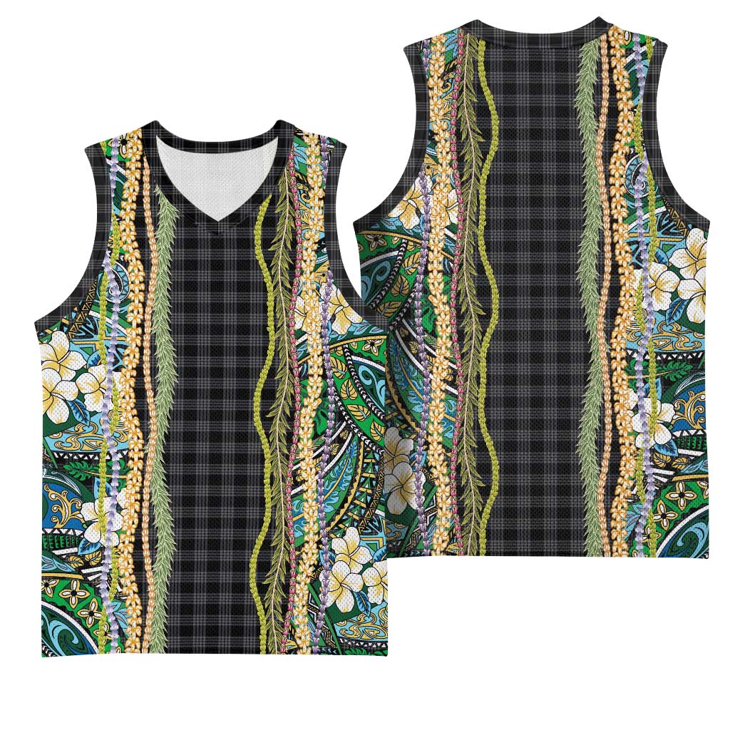 Hawaiian Art Flower Tribal with Lei Basketball Jersey Palaka Pattern Black Color LT03 - Polynesian Pride