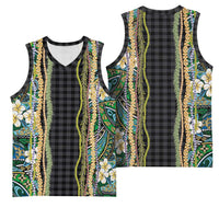 Hawaiian Art Flower Tribal with Lei Basketball Jersey Palaka Pattern Black Color LT03 - Polynesian Pride