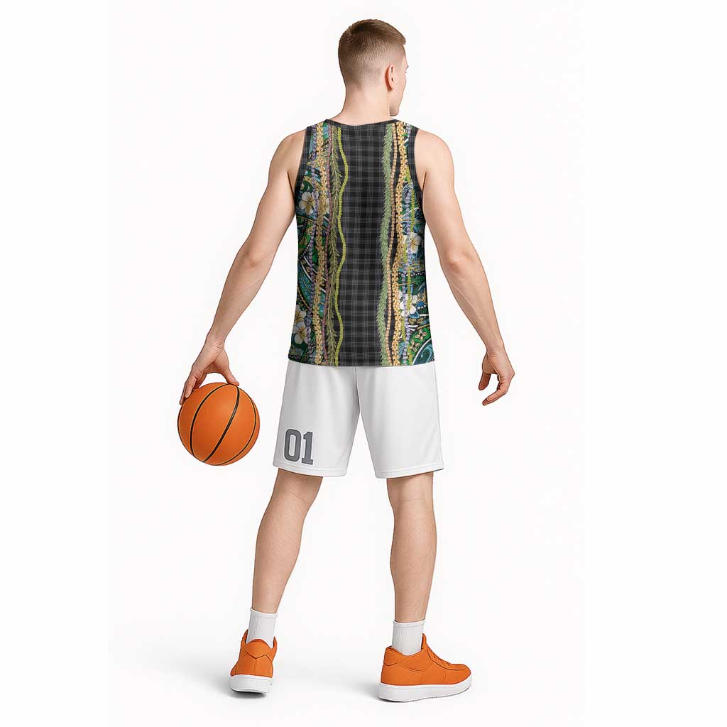 Hawaiian Art Flower Tribal with Lei Basketball Jersey Palaka Pattern Black Color LT03 - Polynesian Pride