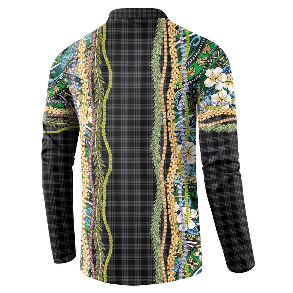 Hawaiian Art Flower Tribal with Lei Button Sweatshirt Palaka Pattern Black Color - Polynesian Pride