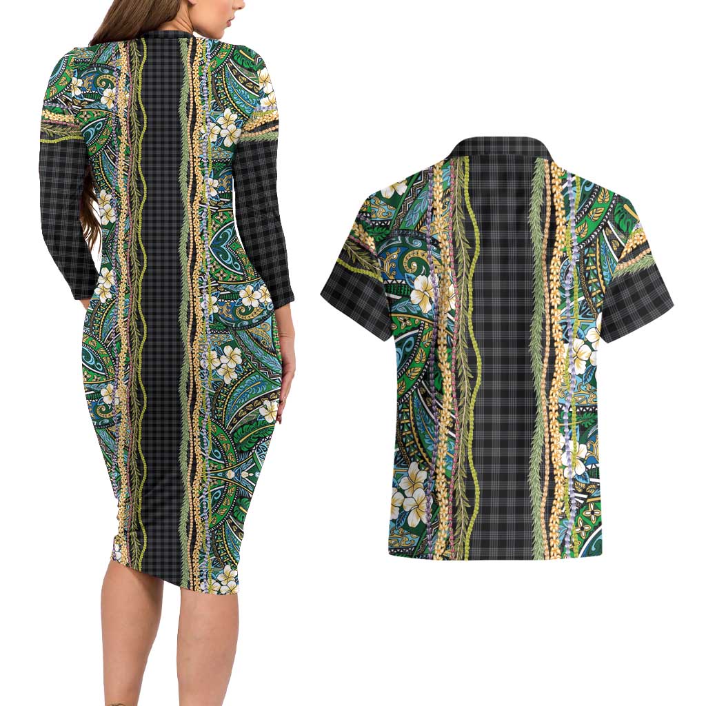 Hawaiian Art Flower Tribal with Lei Couples Matching Long Sleeve Bodycon Dress and Hawaiian Shirt Palaka Pattern Black Color LT03 - Polynesian Pride