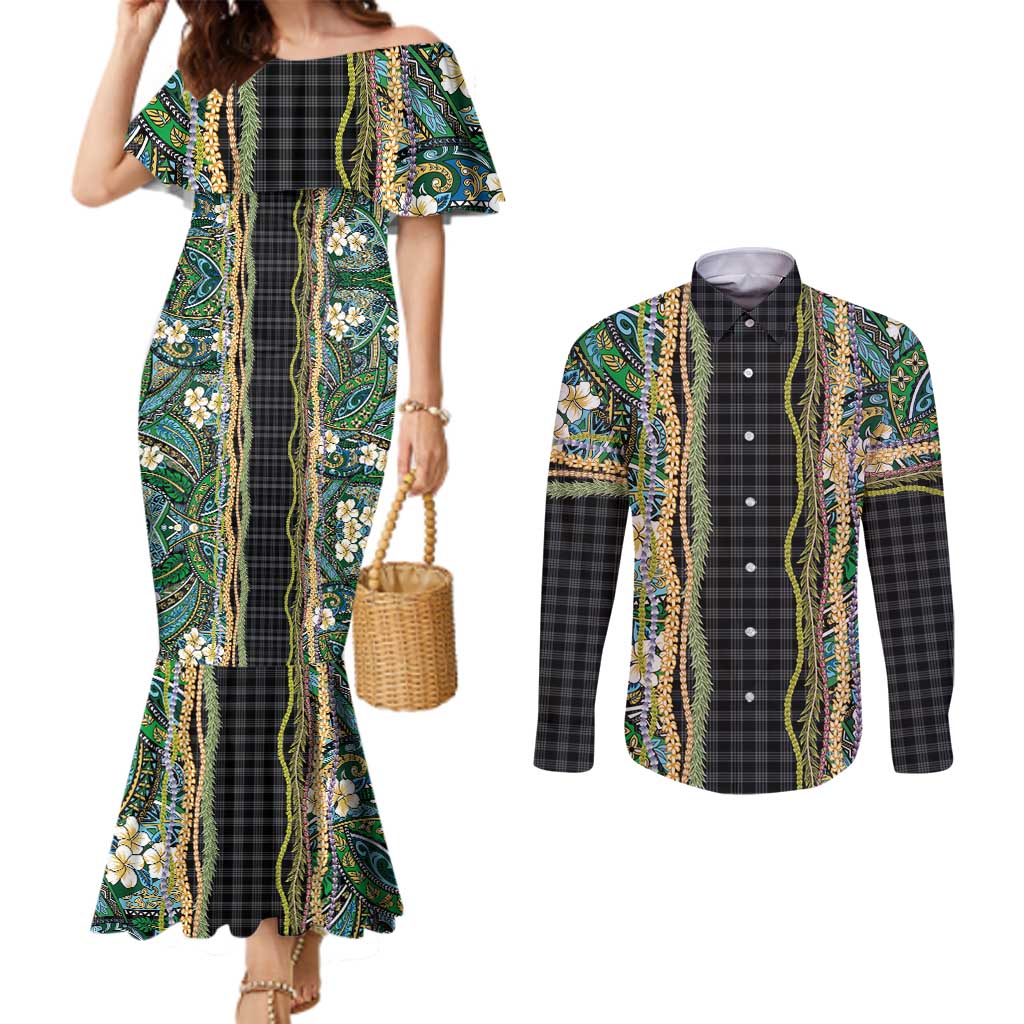 Hawaiian Art Flower Tribal with Lei Couples Matching Mermaid Dress and Long Sleeve Button Shirt Palaka Pattern Black Color LT03 Black - Polynesian Pride