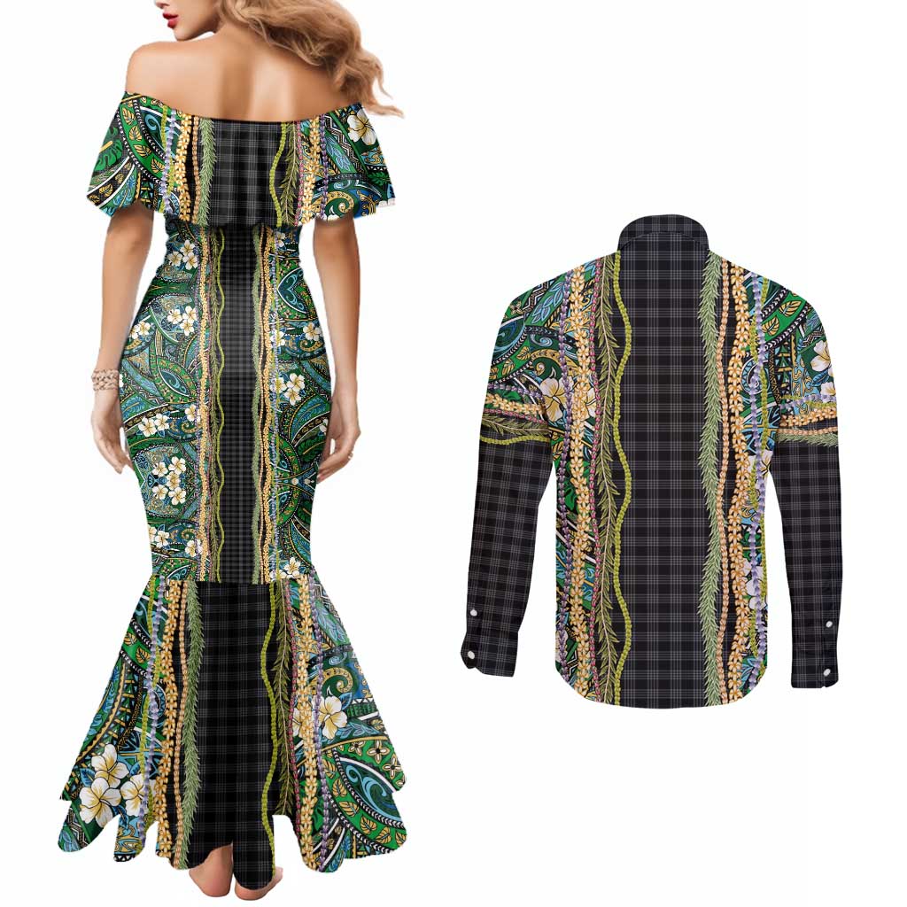 Hawaiian Art Flower Tribal with Lei Couples Matching Mermaid Dress and Long Sleeve Button Shirt Palaka Pattern Black Color LT03 - Polynesian Pride