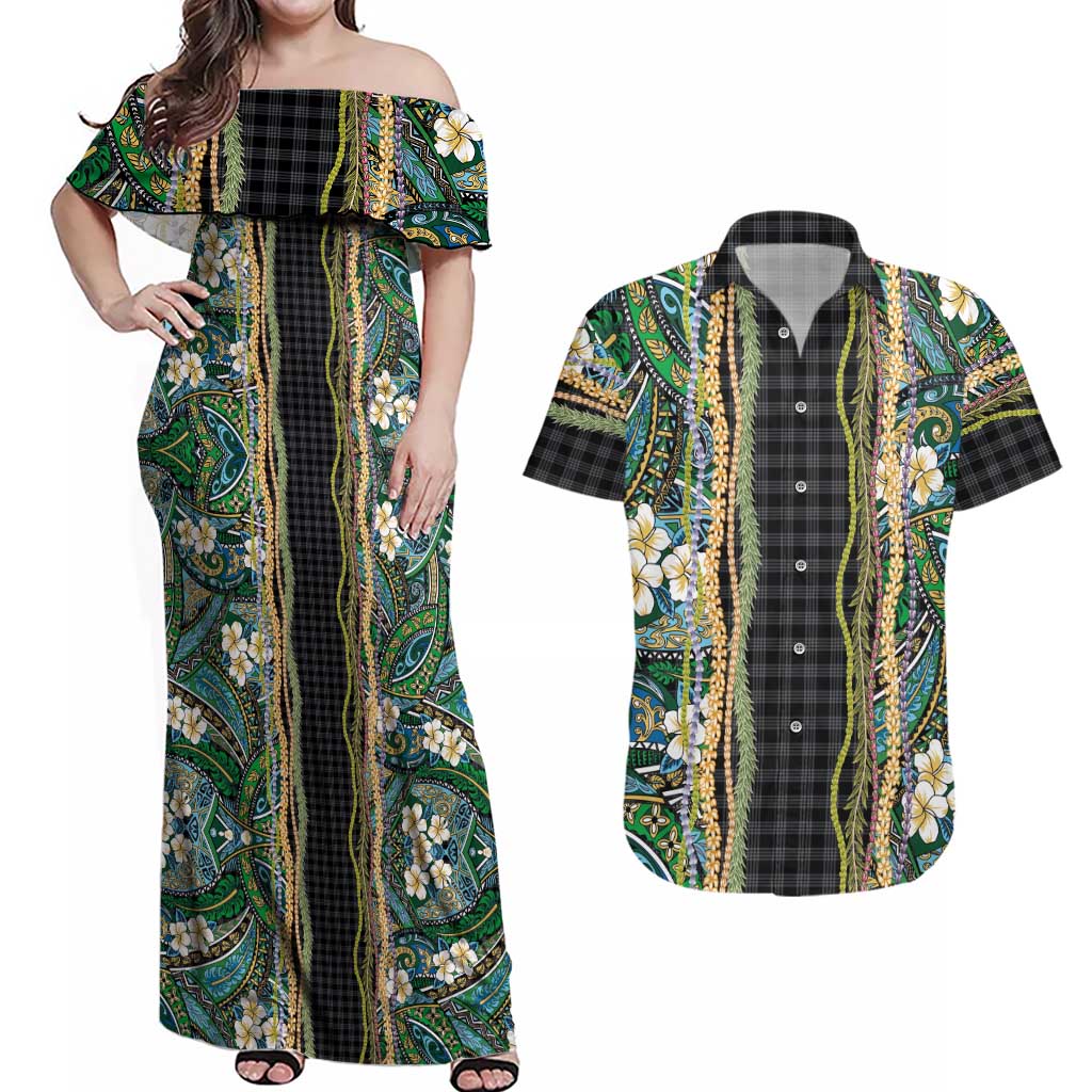 Hawaiian Art Flower Tribal with Lei Couples Matching Off Shoulder Maxi Dress and Hawaiian Shirt Palaka Pattern Black Color LT03 Black - Polynesian Pride
