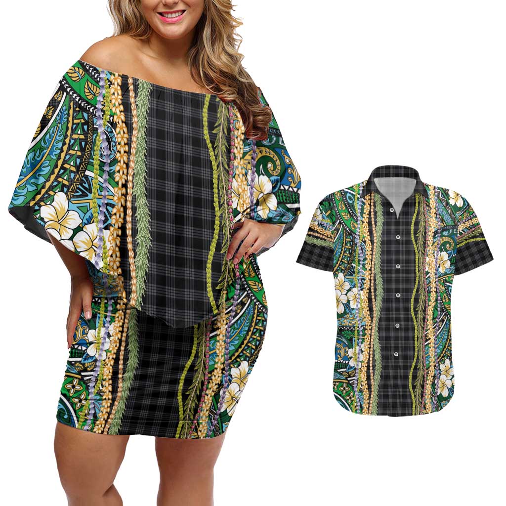 Hawaiian Art Flower Tribal with Lei Couples Matching Off Shoulder Short Dress and Hawaiian Shirt Palaka Pattern Black Color LT03 Black - Polynesian Pride