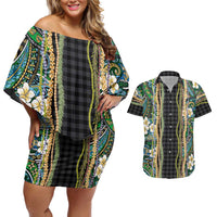 Hawaiian Art Flower Tribal with Lei Couples Matching Off Shoulder Short Dress and Hawaiian Shirt Palaka Pattern Black Color LT03 Black - Polynesian Pride