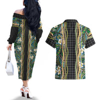 Hawaiian Art Flower Tribal with Lei Couples Matching Off The Shoulder Long Sleeve Dress and Hawaiian Shirt Palaka Pattern Black Color LT03 - Polynesian Pride