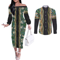 Hawaiian Art Flower Tribal with Lei Couples Matching Off The Shoulder Long Sleeve Dress and Long Sleeve Button Shirt Palaka Pattern Black Color LT03 Black - Polynesian Pride