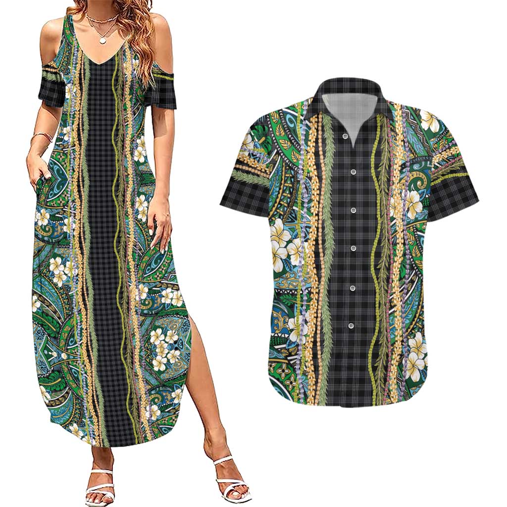 Hawaiian Art Flower Tribal with Lei Couples Matching Summer Maxi Dress and Hawaiian Shirt Palaka Pattern Black Color LT03 Black - Polynesian Pride