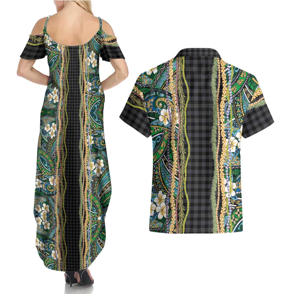 Hawaiian Art Flower Tribal with Lei Couples Matching Summer Maxi Dress and Hawaiian Shirt Palaka Pattern Black Color LT03 - Polynesian Pride