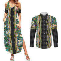 Hawaiian Art Flower Tribal with Lei Couples Matching Summer Maxi Dress and Long Sleeve Button Shirt Palaka Pattern Black Color LT03 Black - Polynesian Pride
