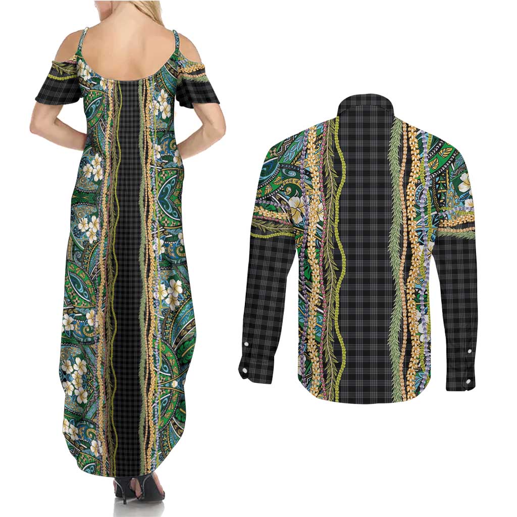 Hawaiian Art Flower Tribal with Lei Couples Matching Summer Maxi Dress and Long Sleeve Button Shirt Palaka Pattern Black Color LT03 - Polynesian Pride