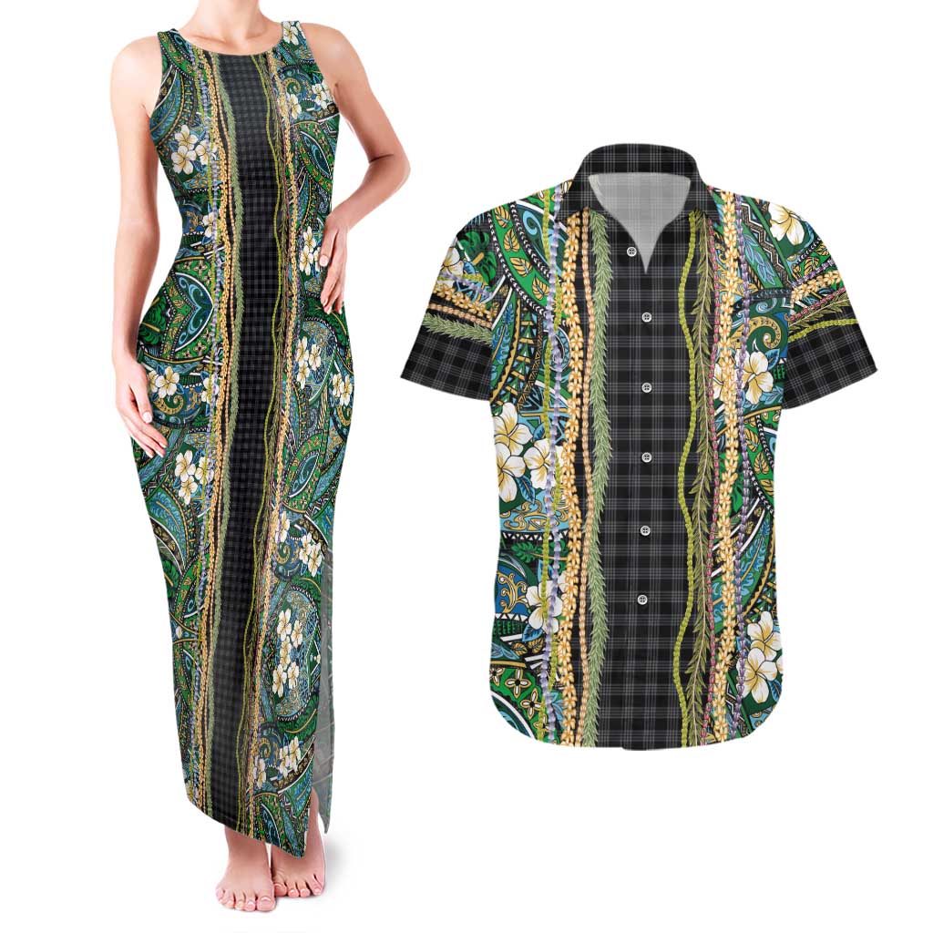 Hawaiian Art Flower Tribal with Lei Couples Matching Tank Maxi Dress and Hawaiian Shirt Palaka Pattern Black Color LT03 Black - Polynesian Pride