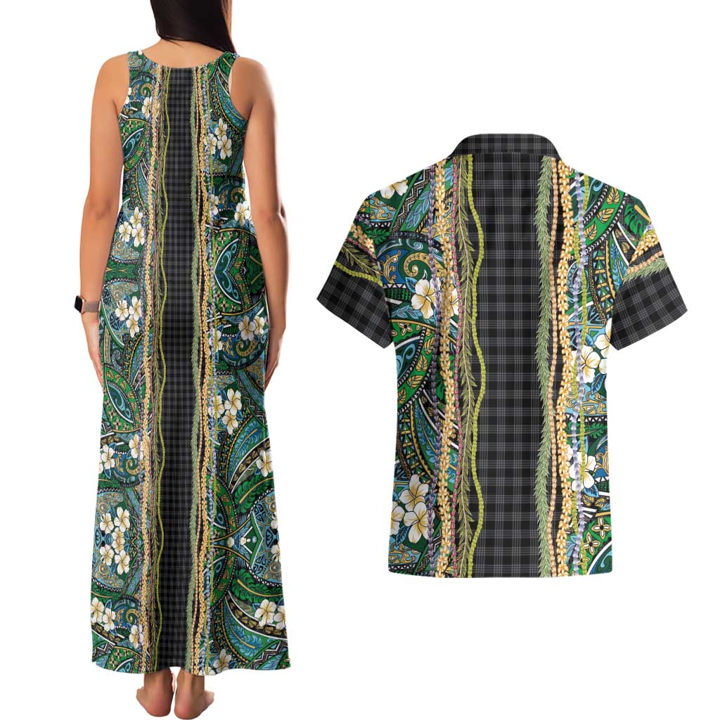 Hawaiian Art Flower Tribal with Lei Couples Matching Tank Maxi Dress and Hawaiian Shirt Palaka Pattern Black Color LT03 - Polynesian Pride