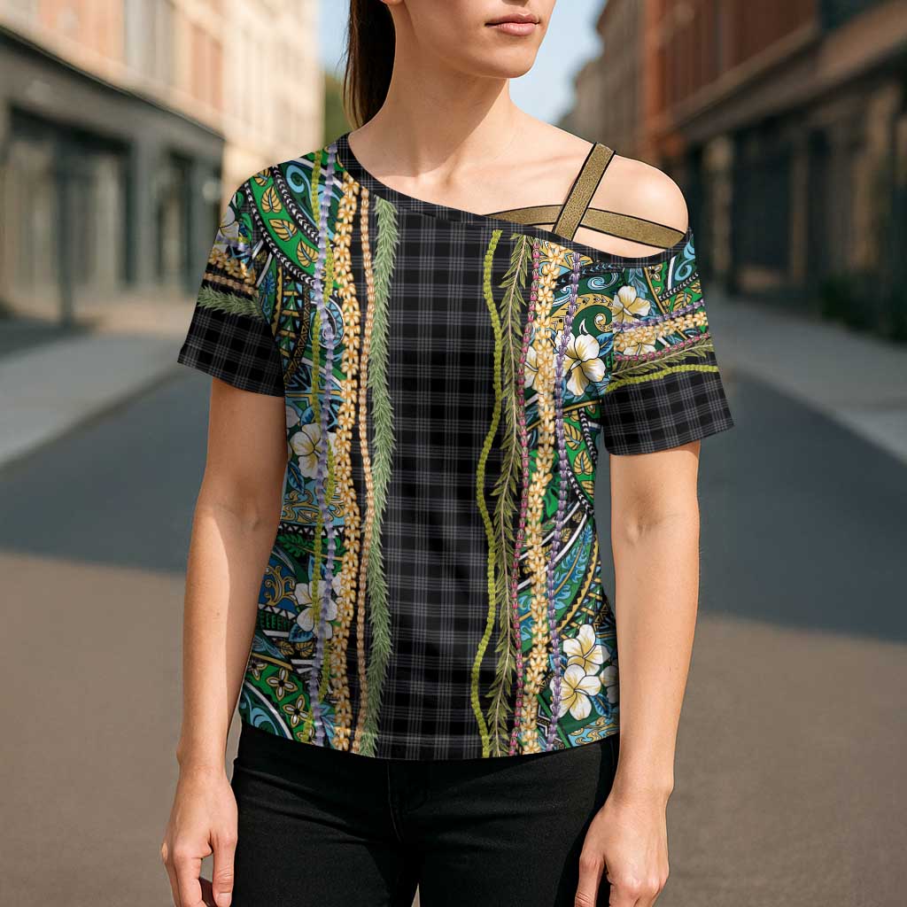 Hawaiian Art Flower Tribal with Lei Cross Shoulder Shirt Palaka Pattern Black Color - Polynesian Pride