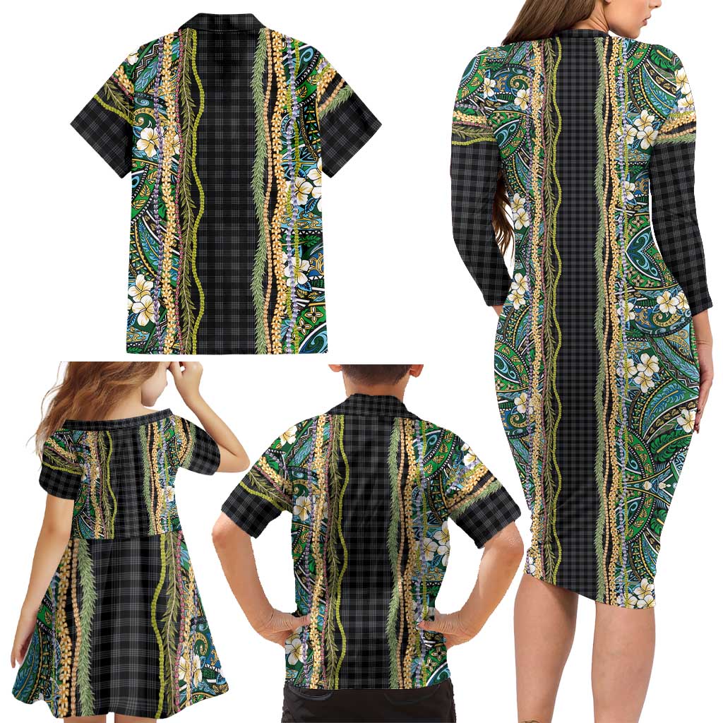 Hawaiian Art Flower Tribal with Lei Family Matching Long Sleeve Bodycon Dress and Hawaiian Shirt Palaka Pattern Black Color LT03 - Polynesian Pride
