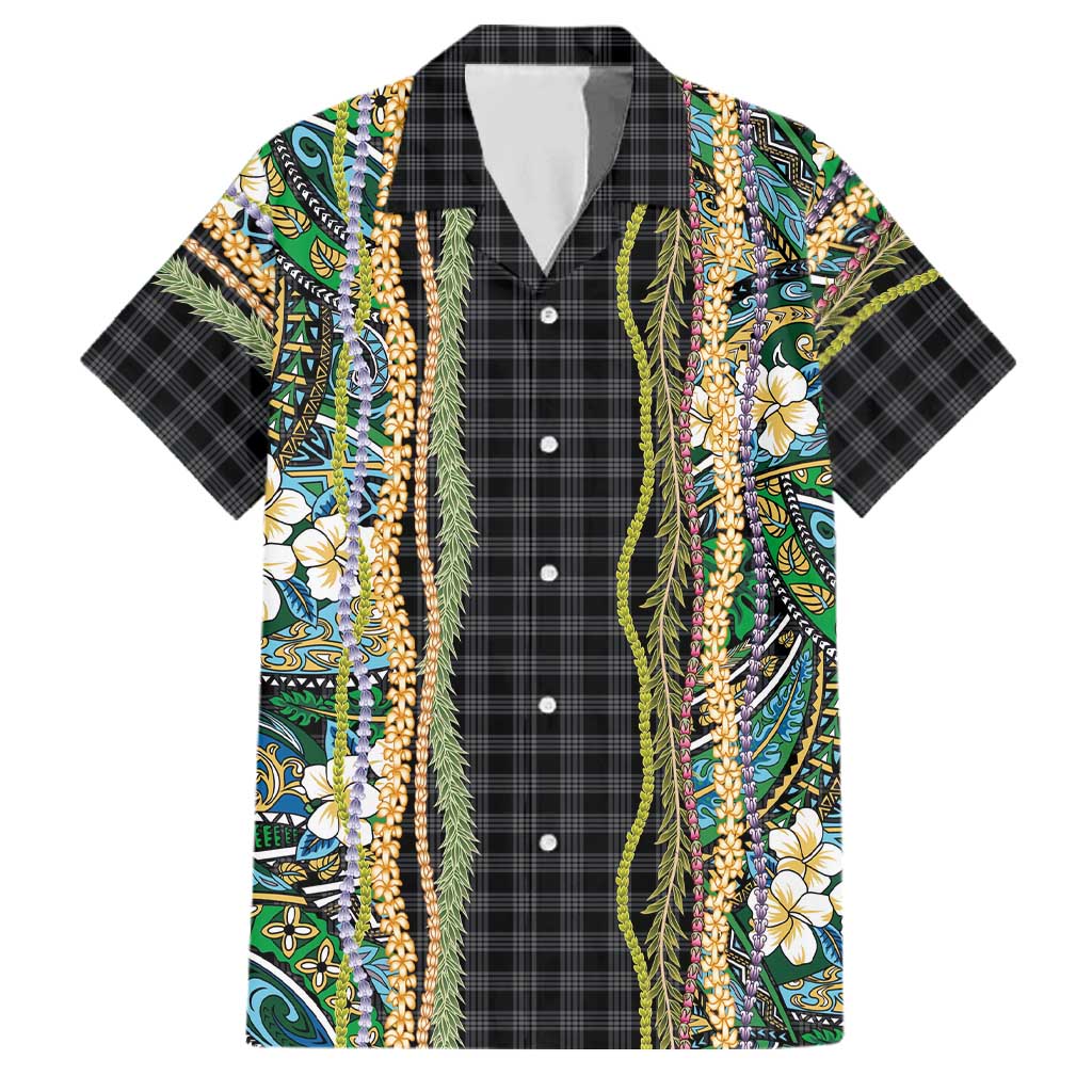 Hawaiian Art Flower Tribal with Lei Family Matching Long Sleeve Bodycon Dress and Hawaiian Shirt Palaka Pattern Black Color LT03 Dad's Shirt - Short Sleeve Black - Polynesian Pride