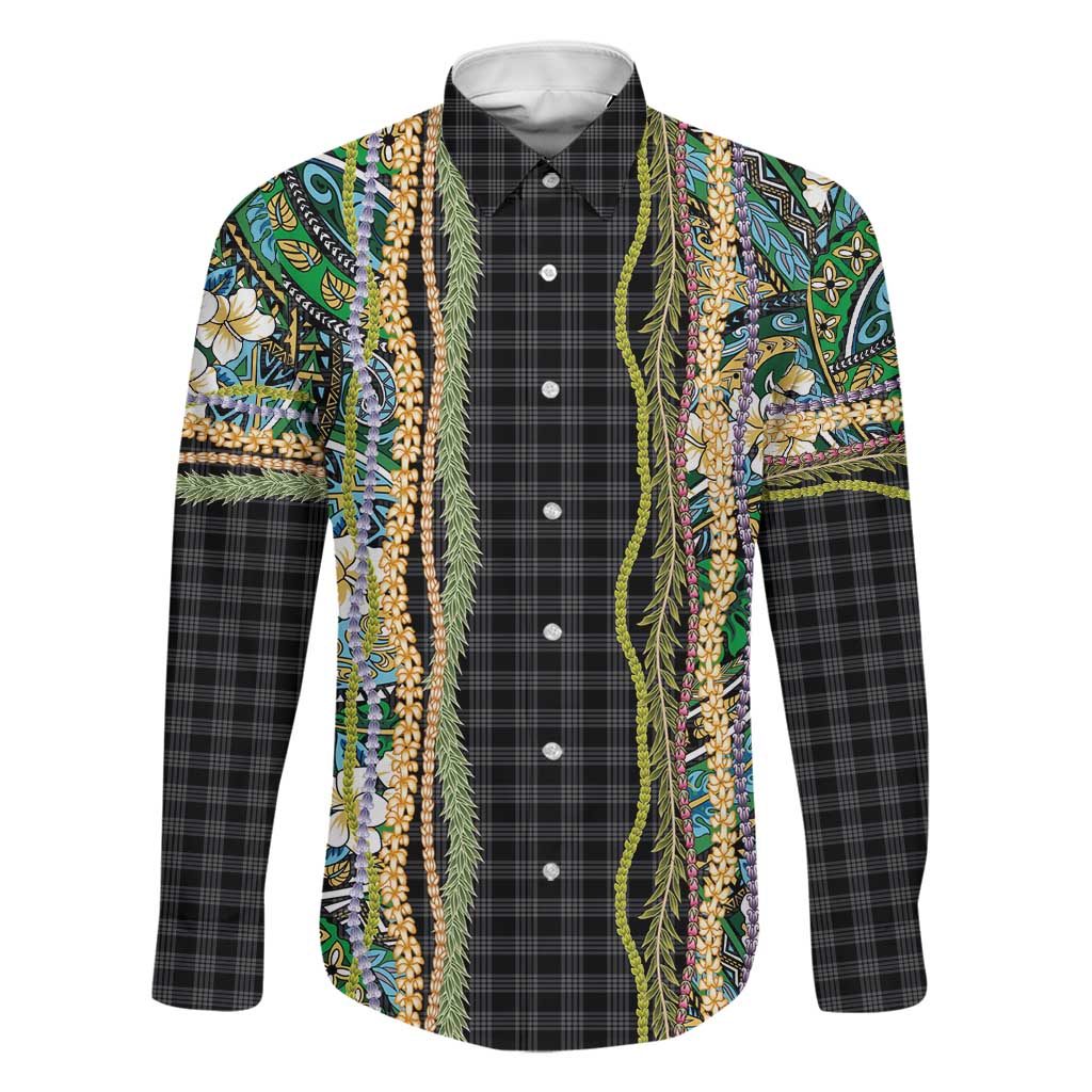 Hawaiian Art Flower Tribal with Lei Family Matching Long Sleeve Bodycon Dress and Hawaiian Shirt Palaka Pattern Black Color LT03 Dad's Shirt - Long Sleeve Black - Polynesian Pride