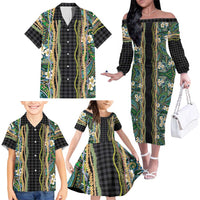 Hawaiian Art Flower Tribal with Lei Family Matching Off The Shoulder Long Sleeve Dress and Hawaiian Shirt Palaka Pattern Black Color LT03 - Polynesian Pride