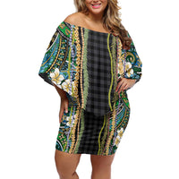 Hawaiian Art Flower Tribal with Lei Family Matching Off Shoulder Short Dress and Hawaiian Shirt Palaka Pattern Black Color LT03 Mom's Dress Black - Polynesian Pride