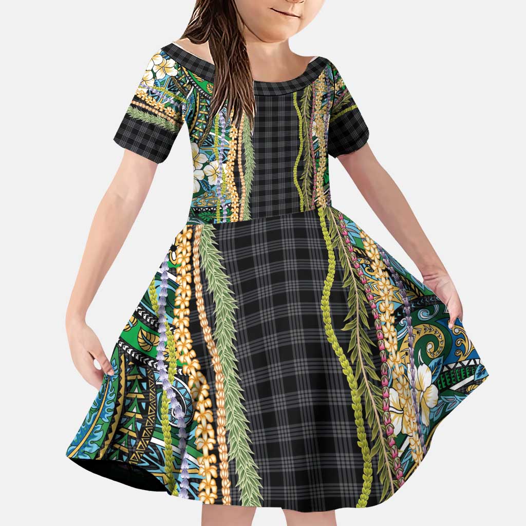 Hawaiian Art Flower Tribal with Lei Family Matching Puletasi and Hawaiian Shirt Palaka Pattern Black Color LT03 Daughter's Dress Black - Polynesian Pride