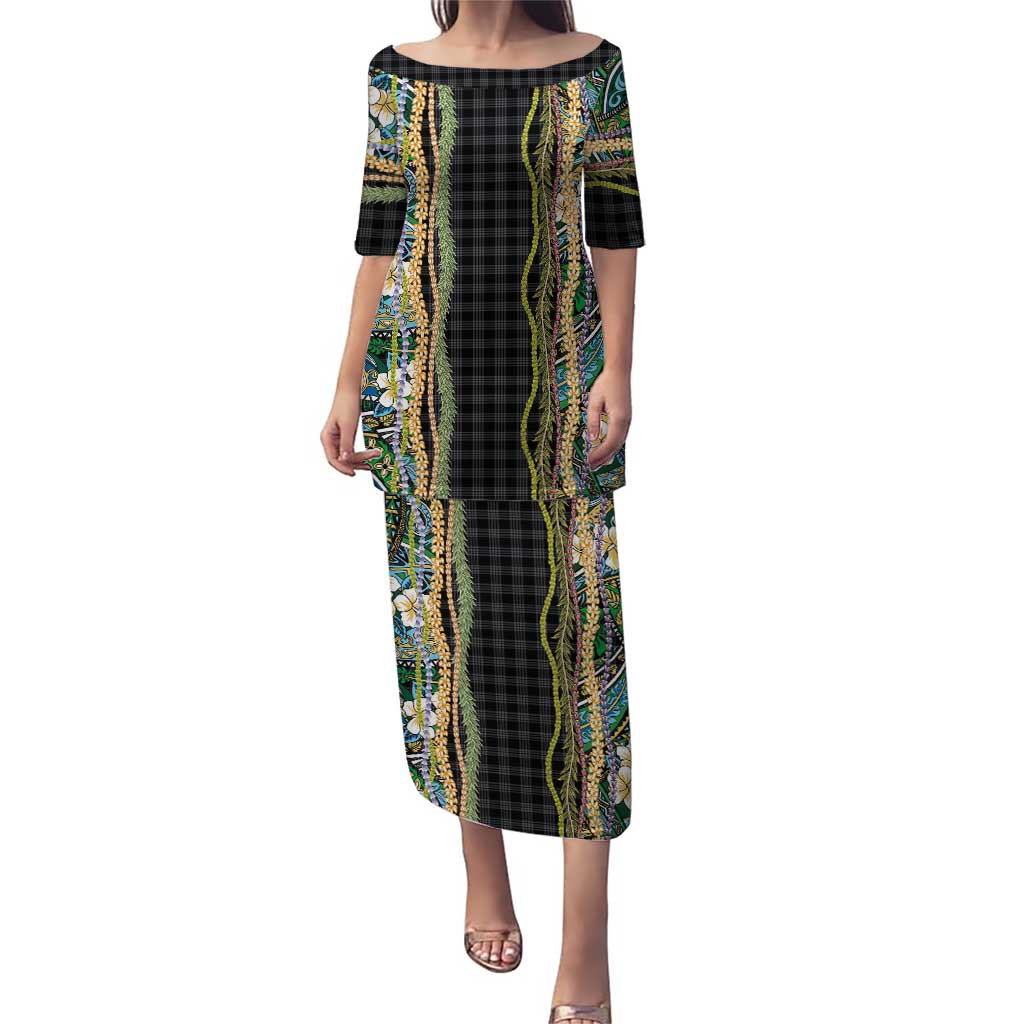 Hawaiian Art Flower Tribal with Lei Family Matching Puletasi and Hawaiian Shirt Palaka Pattern Black Color LT03 Mom's Dress Black - Polynesian Pride