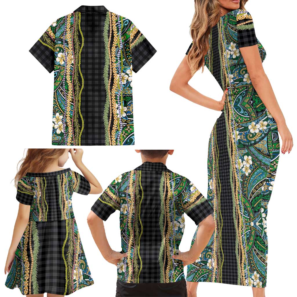 Hawaiian Art Flower Tribal with Lei Family Matching Short Sleeve Bodycon Dress and Hawaiian Shirt Palaka Pattern Black Color LT03 - Polynesian Pride