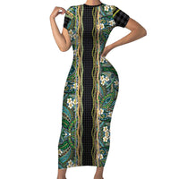 Hawaiian Art Flower Tribal with Lei Family Matching Short Sleeve Bodycon Dress and Hawaiian Shirt Palaka Pattern Black Color LT03 Mom's Dress Black - Polynesian Pride