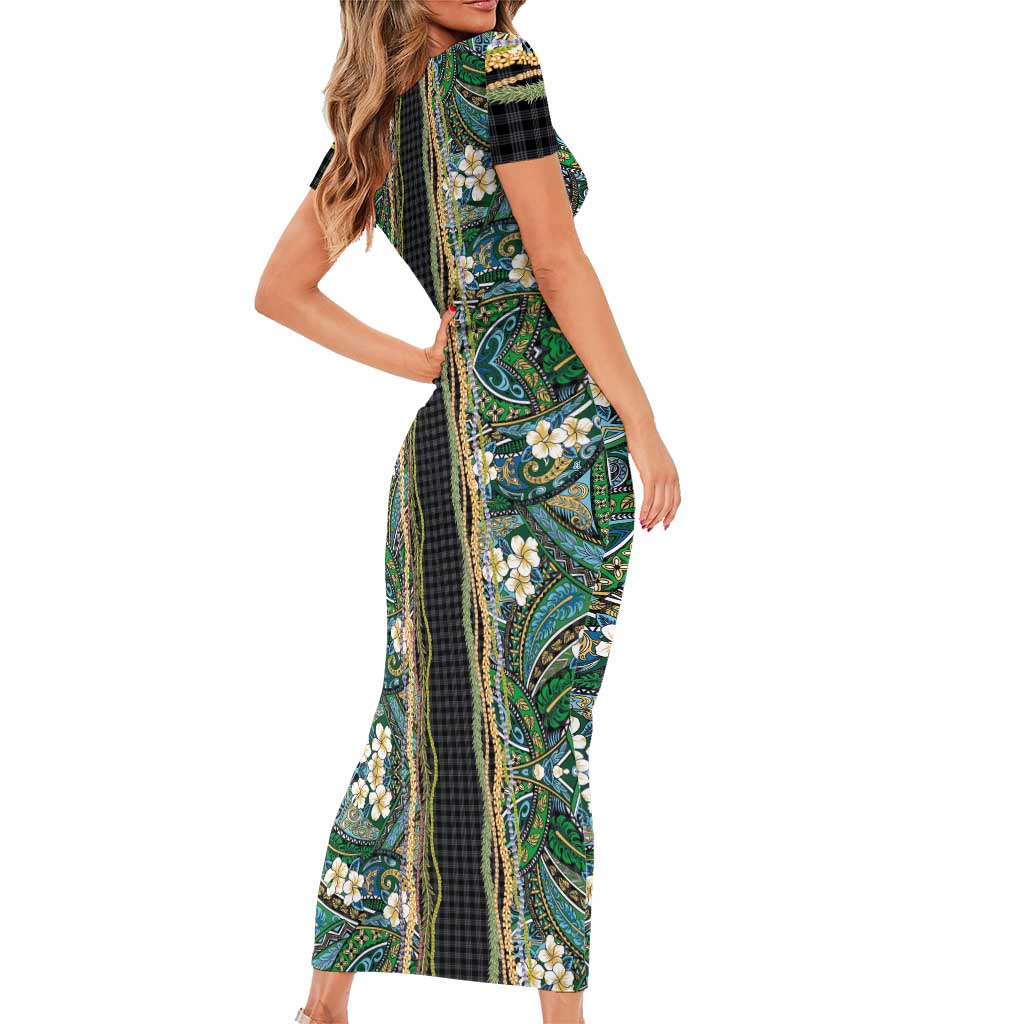 Hawaiian Art Flower Tribal with Lei Family Matching Short Sleeve Bodycon Dress and Hawaiian Shirt Palaka Pattern Black Color LT03 - Polynesian Pride