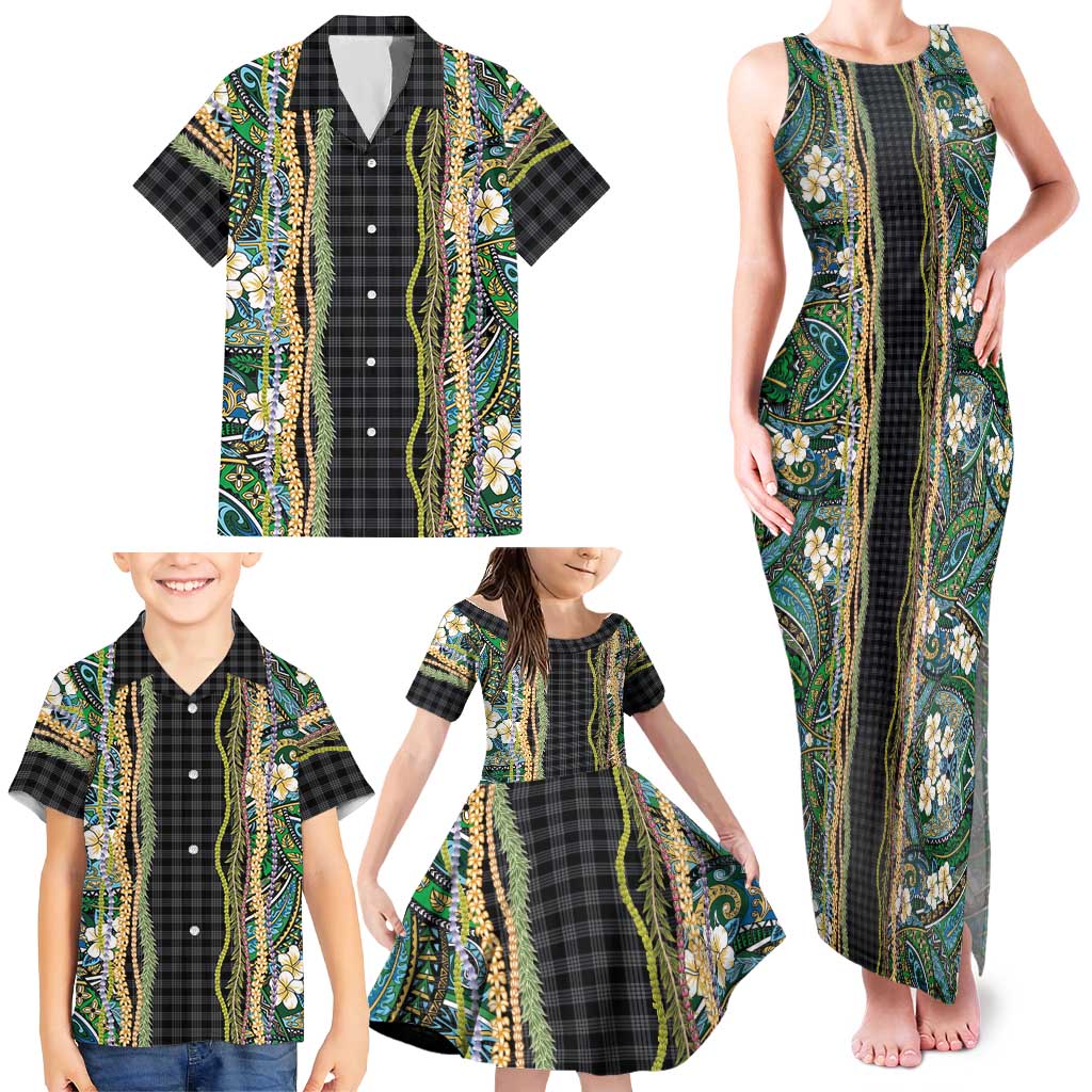 Hawaiian Art Flower Tribal with Lei Family Matching Tank Maxi Dress and Hawaiian Shirt Palaka Pattern Black Color - Polynesian Pride