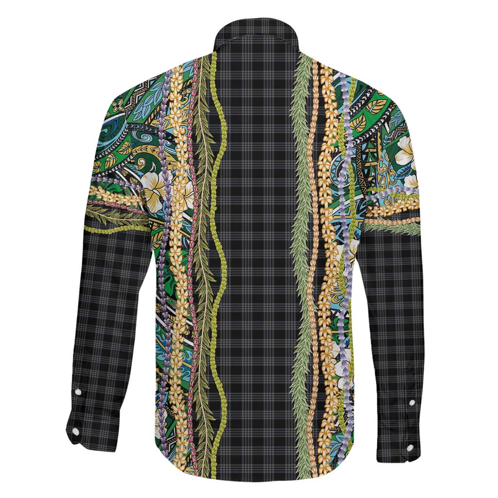 Hawaiian Art Flower Tribal with Lei Family Matching Tank Maxi Dress and Hawaiian Shirt Palaka Pattern Black Color LT03 - Polynesian Pride
