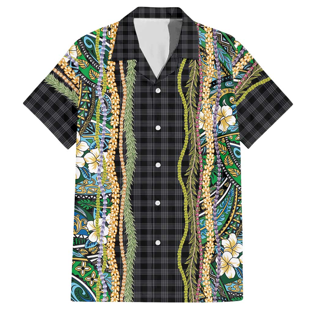 Hawaiian Art Flower Tribal with Lei Hawaiian Shirt Palaka Pattern Black Color LT03 Black - Polynesian Pride