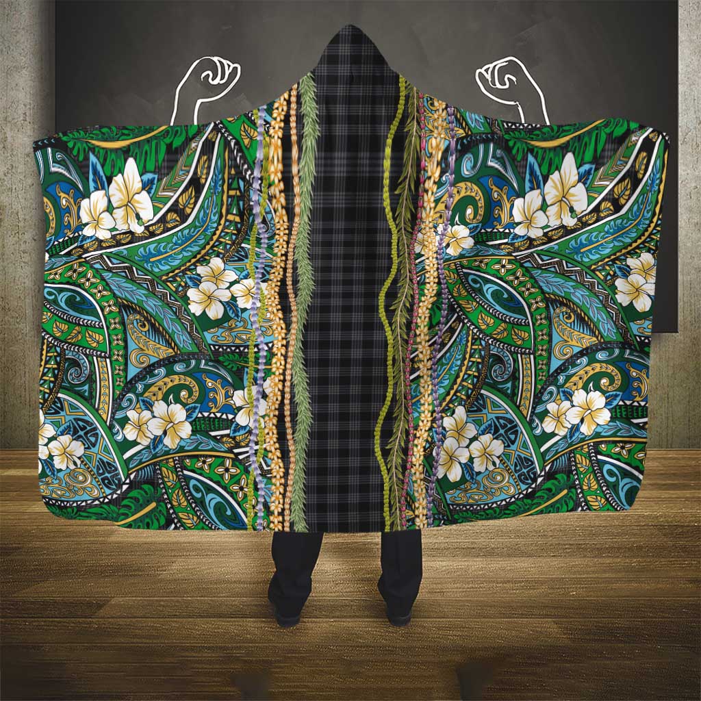 Hawaiian Art Flower Tribal with Lei Hooded Blanket Palaka Pattern Black Color LT03 - Polynesian Pride