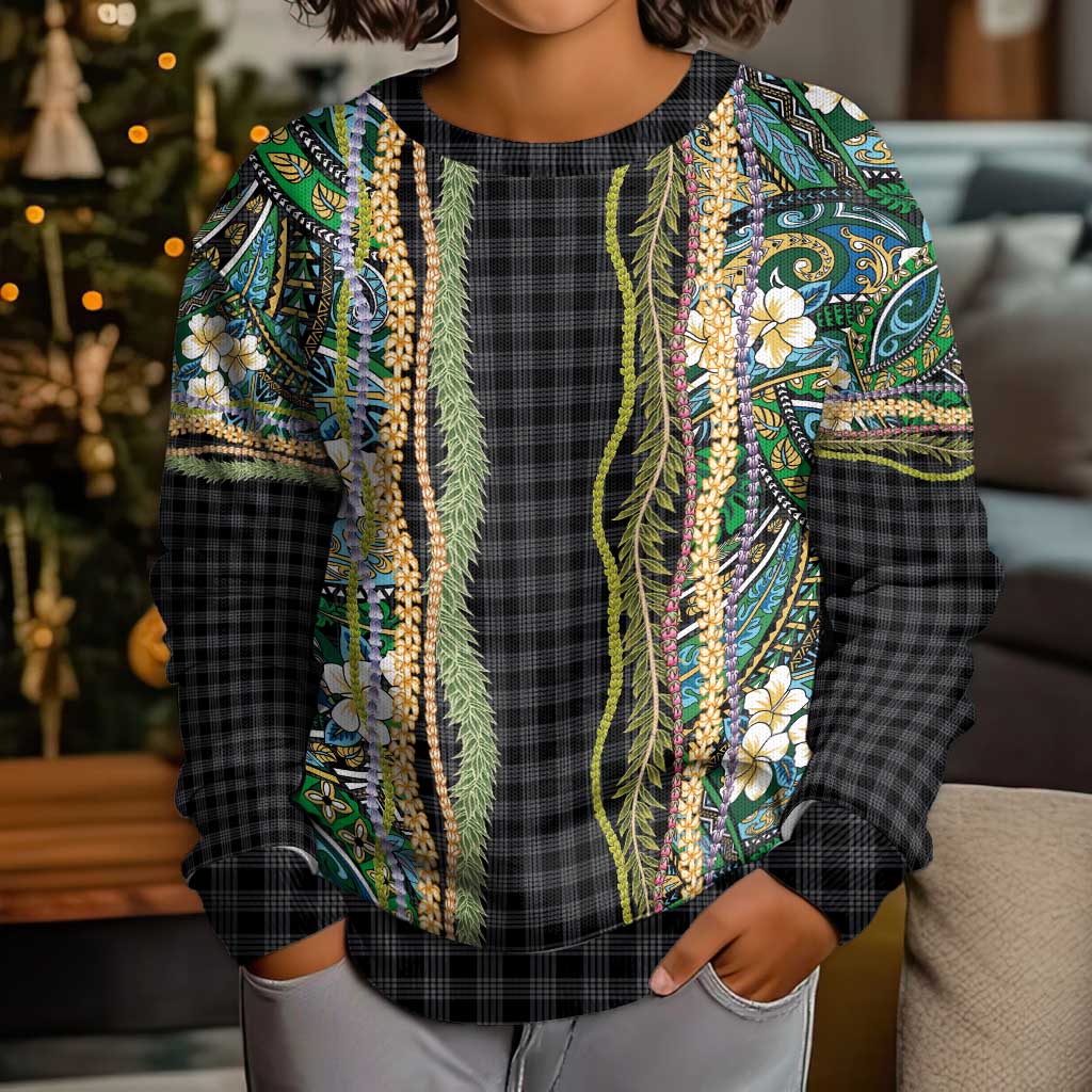 Hawaiian Art Flower Tribal with Lei Kid Ugly Christmas Sweater Palaka Pattern Black Color - Polynesian Pride