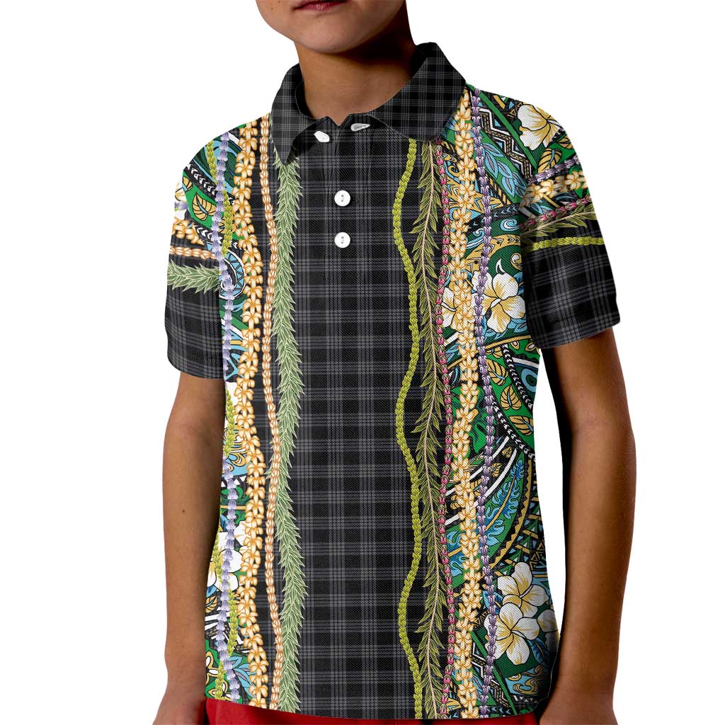 Hawaiian Art Flower Tribal with Lei Kid Polo Shirt Palaka Pattern Black Color LT03 Kid Black - Polynesian Pride