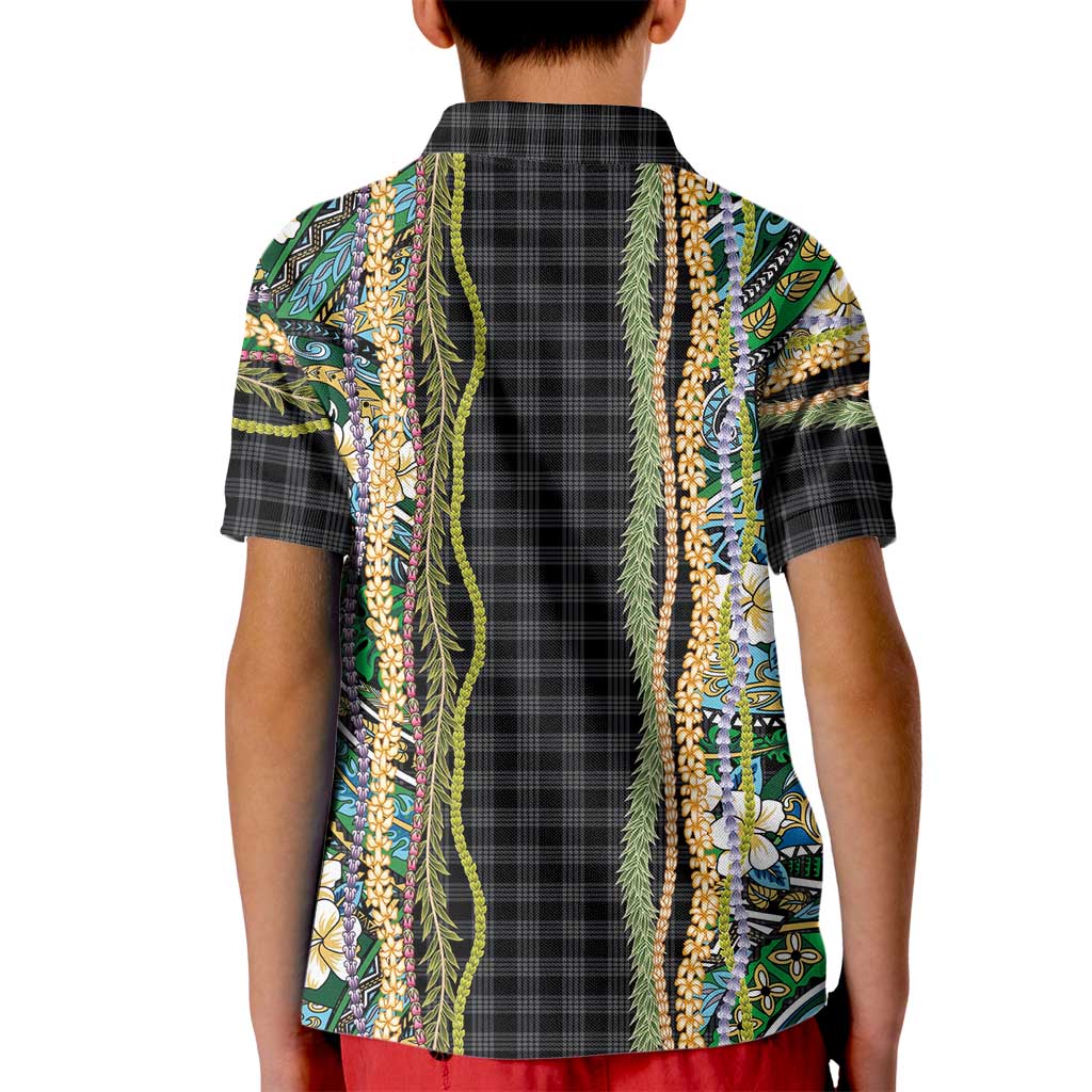 Hawaiian Art Flower Tribal with Lei Kid Polo Shirt Palaka Pattern Black Color LT03 - Polynesian Pride