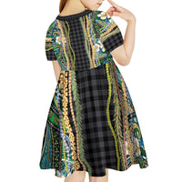 Hawaiian Art Flower Tribal with Lei Kid Short Sleeve Dress Palaka Pattern Black Color - Polynesian Pride