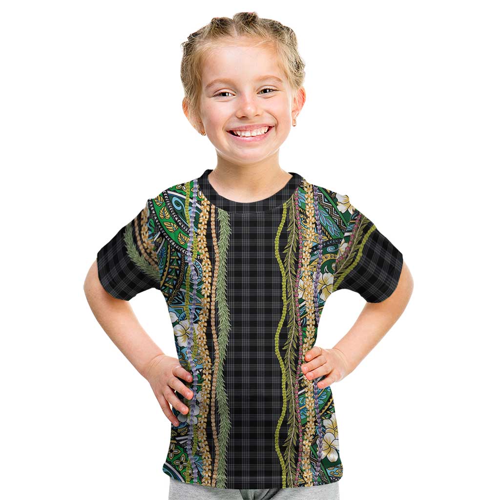 Hawaiian Art Flower Tribal with Lei Kid T Shirt Palaka Pattern Black Color - Polynesian Pride