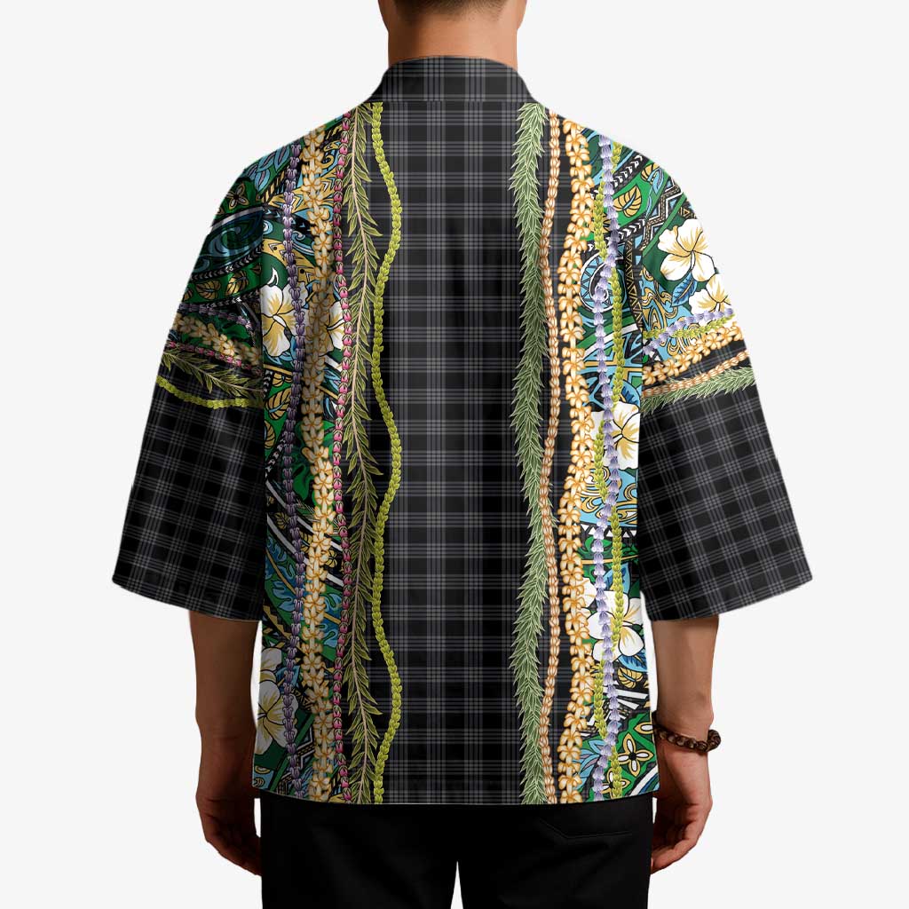 Hawaiian Art Flower Tribal with Lei Kimono Palaka Pattern Black Color - Polynesian Pride