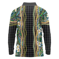 Hawaiian Art Flower Tribal with Lei Long Sleeve Polo Shirt Palaka Pattern Black Color - Polynesian Pride