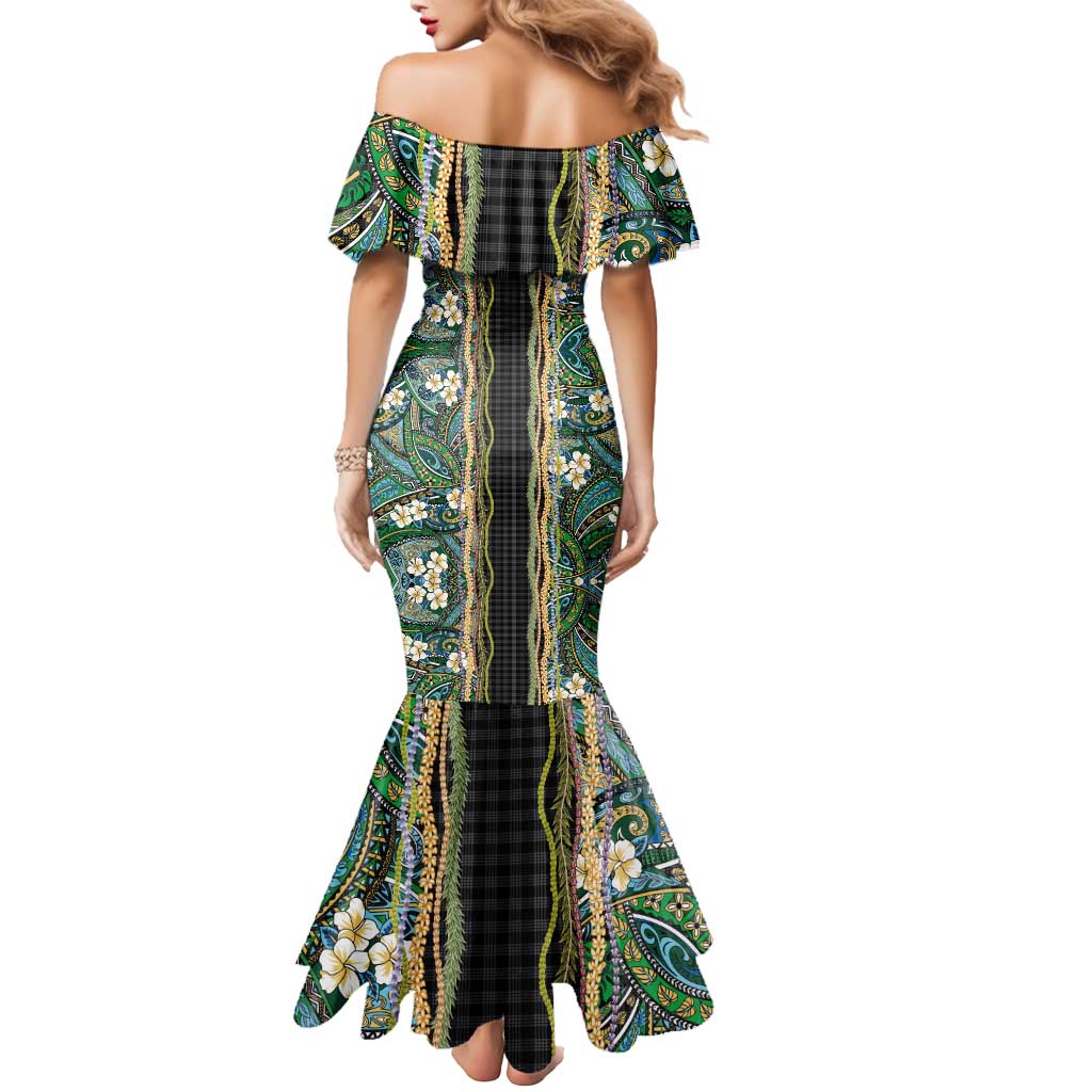 Hawaiian Art Flower Tribal with Lei Mermaid Dress Palaka Pattern Black Color - Polynesian Pride