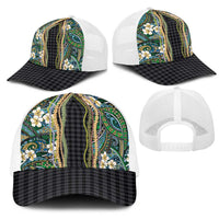 Hawaiian Art Flower Tribal with Lei Mesh Trucker Cap Palaka Pattern Black Color - Polynesian Pride
