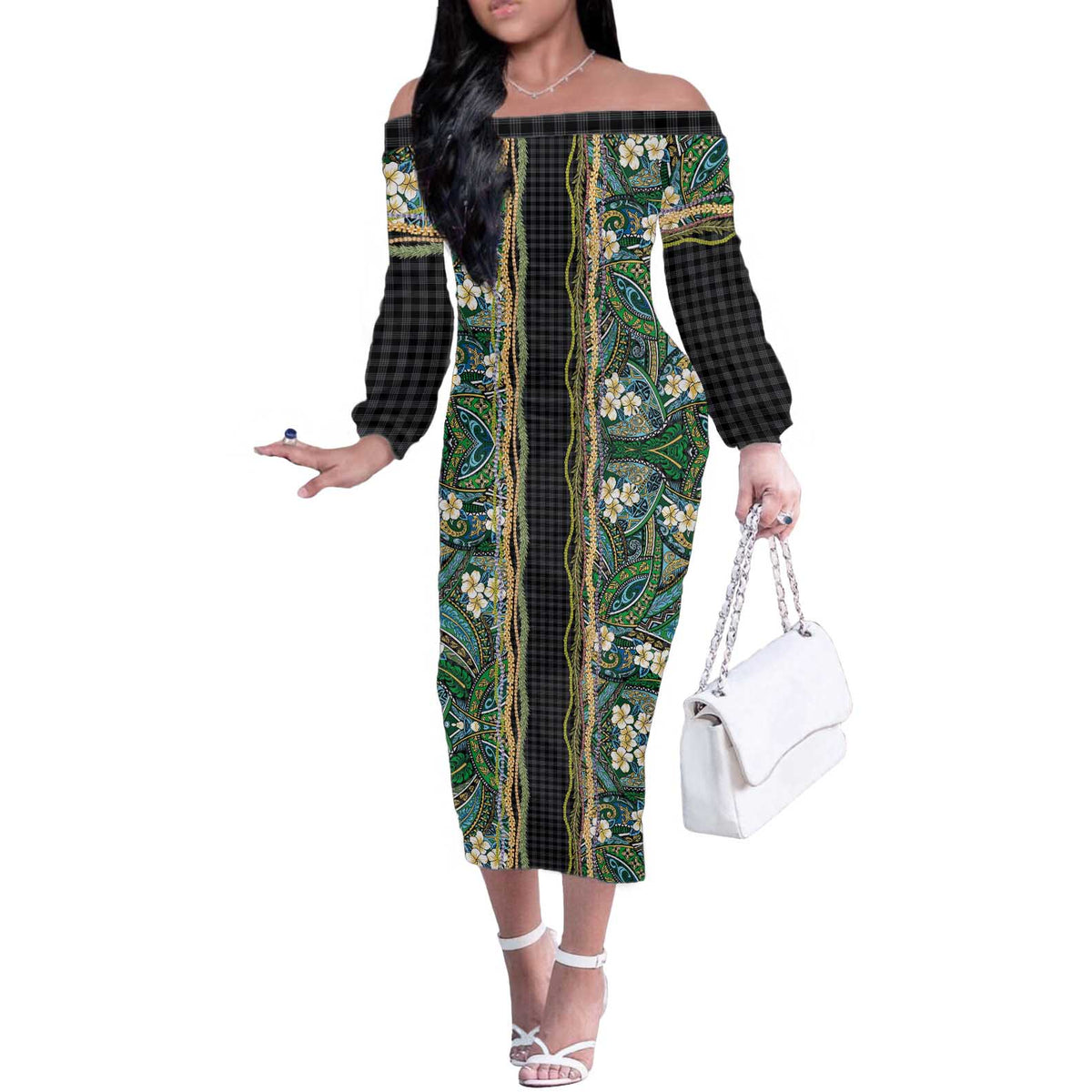 Hawaiian Art Flower Tribal with Lei Off The Shoulder Long Sleeve Dress Palaka Pattern Black Color LT03 Women Black - Polynesian Pride