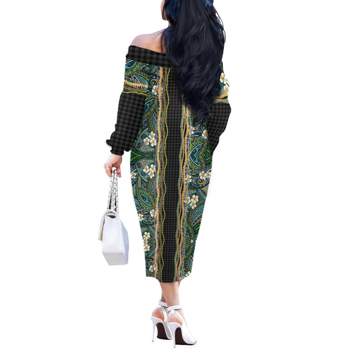 Hawaiian Art Flower Tribal with Lei Off The Shoulder Long Sleeve Dress Palaka Pattern Black Color LT03 - Polynesian Pride