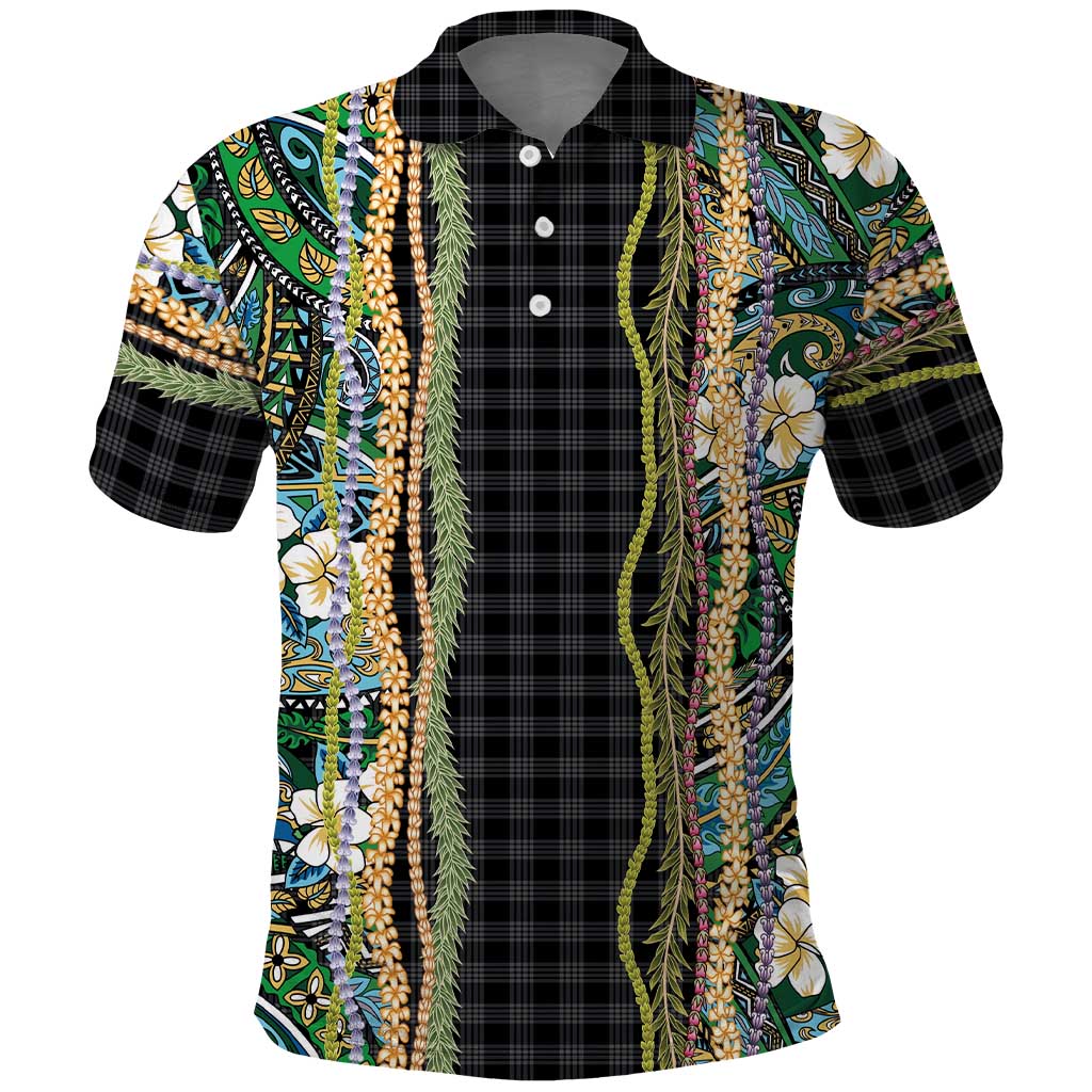 Hawaiian Art Flower Tribal with Lei Polo Shirt Palaka Pattern Black Color LT03 Black - Polynesian Pride