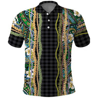 Hawaiian Art Flower Tribal with Lei Polo Shirt Palaka Pattern Black Color LT03 Black - Polynesian Pride