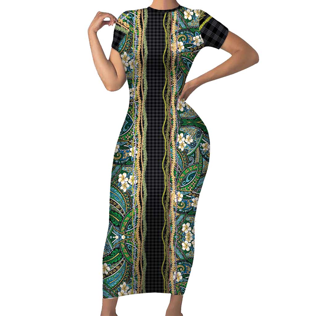 Hawaiian Art Flower Tribal with Lei Short Sleeve Bodycon Dress Palaka Pattern Black Color - Polynesian Pride