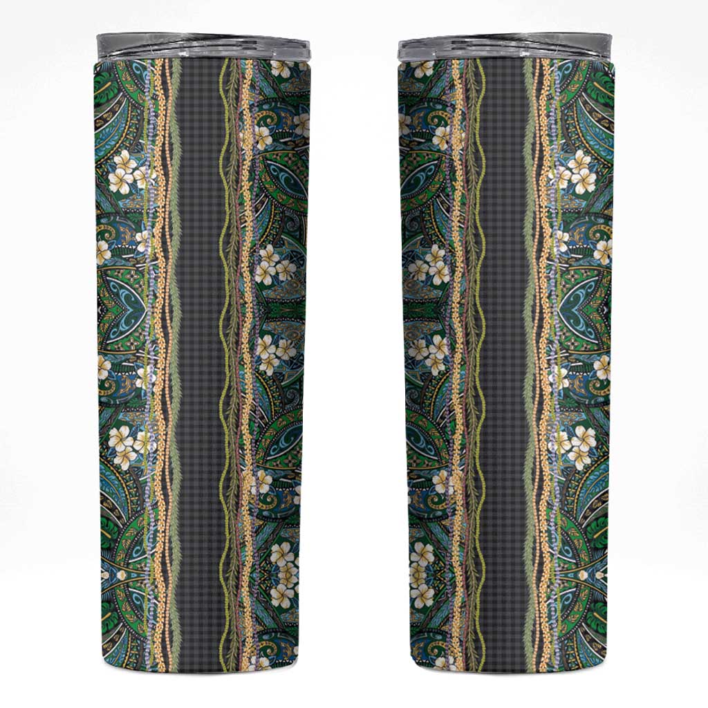 Hawaiian Art Flower Tribal with Lei Skinny Tumbler Palaka Pattern Black Color LT03 Black - Polynesian Pride