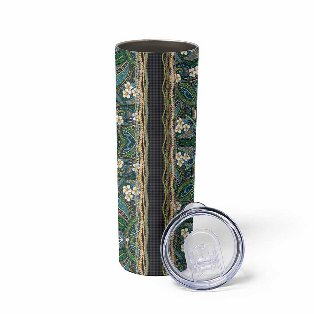 Hawaiian Art Flower Tribal with Lei Skinny Tumbler Palaka Pattern Black Color LT03 - Polynesian Pride