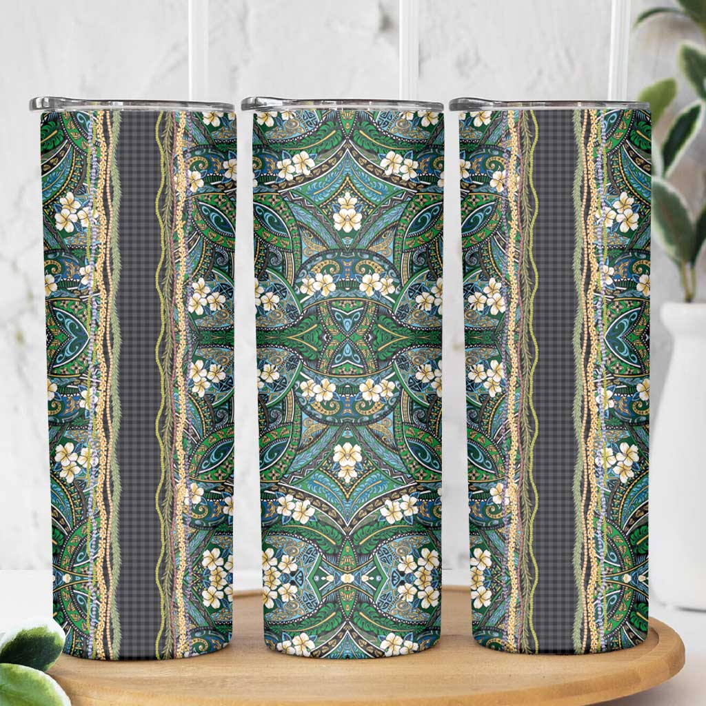 Hawaiian Art Flower Tribal with Lei Skinny Tumbler Palaka Pattern Black Color LT03 - Polynesian Pride